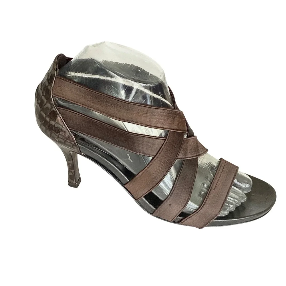 Donald J Pliner Armina Brown Croc Embossed Strappy Stiletto Sandals 7M Spain